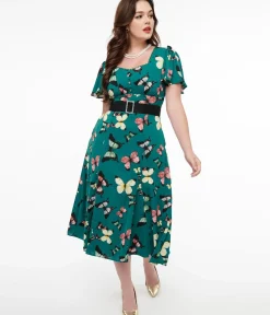 Unique Vintage Midi|Pocket Dresses>1940s Green Butterfly Print Midi Dress