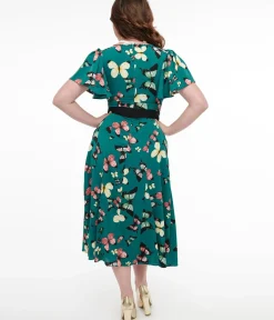 Unique Vintage Midi|Pocket Dresses>1940s Green Butterfly Print Midi Dress