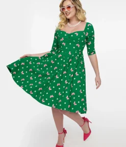 Unique Vintage Swing|Everyday Dresses>1950s Green & Butterfly Stamp Print Lamar Swing Dress
