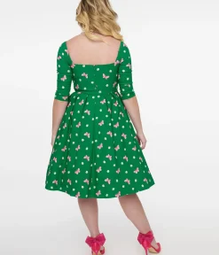 Unique Vintage Swing|Everyday Dresses>1950s Green & Butterfly Stamp Print Lamar Swing Dress