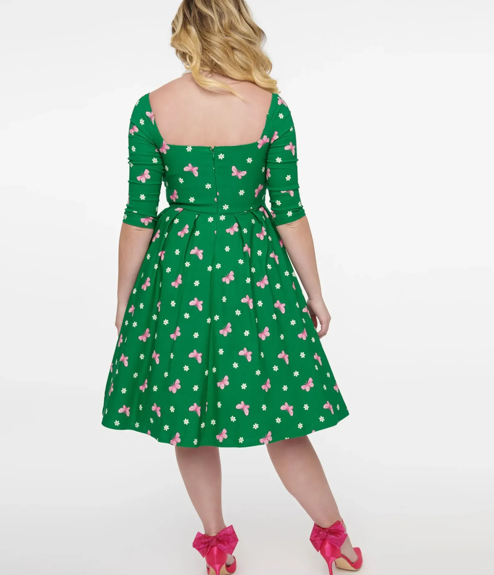 Unique Vintage Swing|Everyday Dresses>1950s Green & Butterfly Stamp Print Lamar Swing Dress
