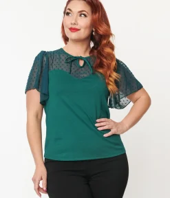 Unique Vintage Work Wear>1950s Green Clipdot Flutter Sleeve Sweetheart Top
