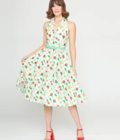 Unique Vintage Swing|Everyday Dresses>1950s Green Gingham Spooky Fruit Print Halter Swing Dress