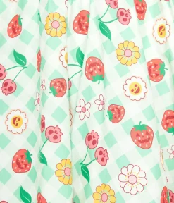 Unique Vintage Swing|Everyday Dresses>1950s Green Gingham Spooky Fruit Print Halter Swing Dress
