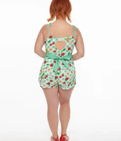 Unique Vintage Rompers & Jumpsuits|Halloween>1950s Green Gingham Spooky Fruit Print Romper & Skirt Set