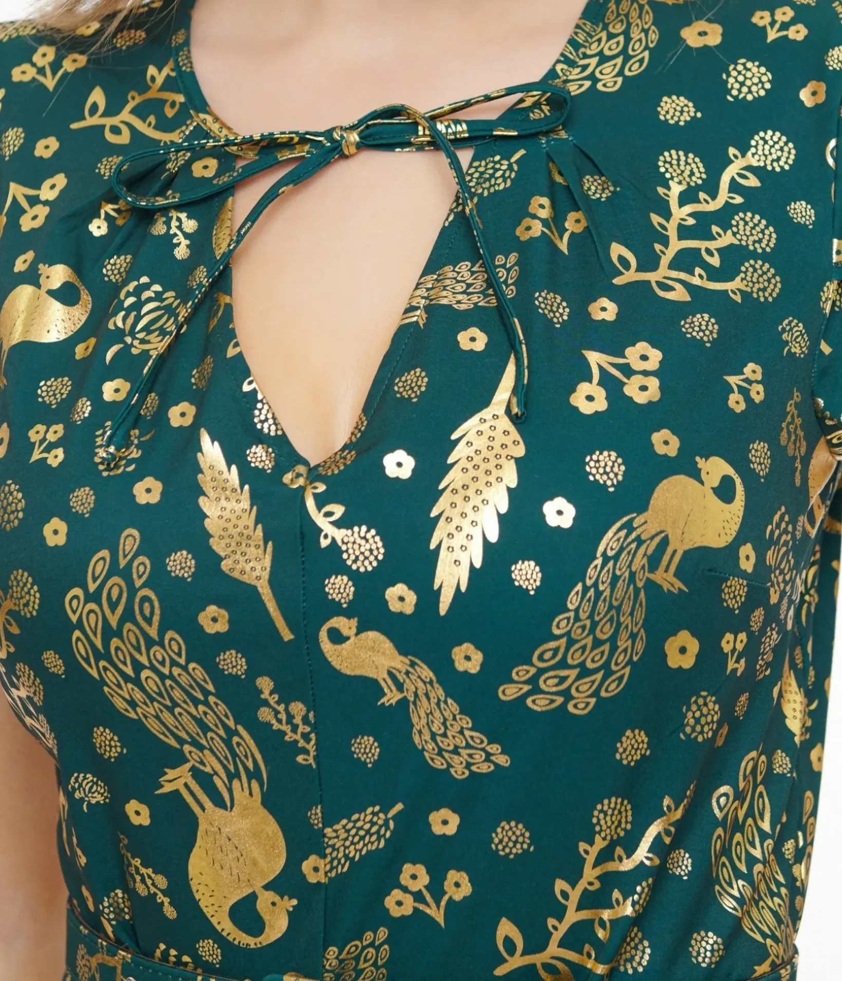 Unique Vintage Swing|Pocket Dresses>1940s Green & Gold Peacock Print Dahlia Swing Dress