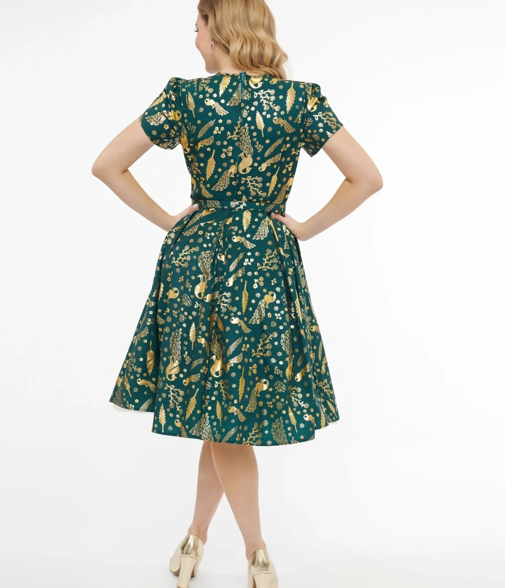 Unique Vintage Swing|Pocket Dresses>1940s Green & Gold Peacock Print Dahlia Swing Dress