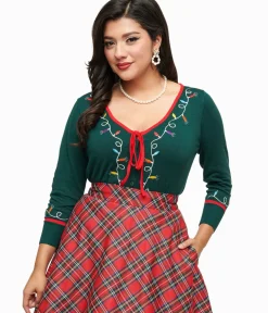 Unique Vintage Sweaters & Cardigans>1950s Green Holiday Lights Crop Cardigan