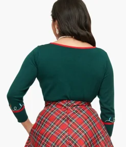 Unique Vintage Sweaters & Cardigans>1950s Green Holiday Lights Crop Cardigan