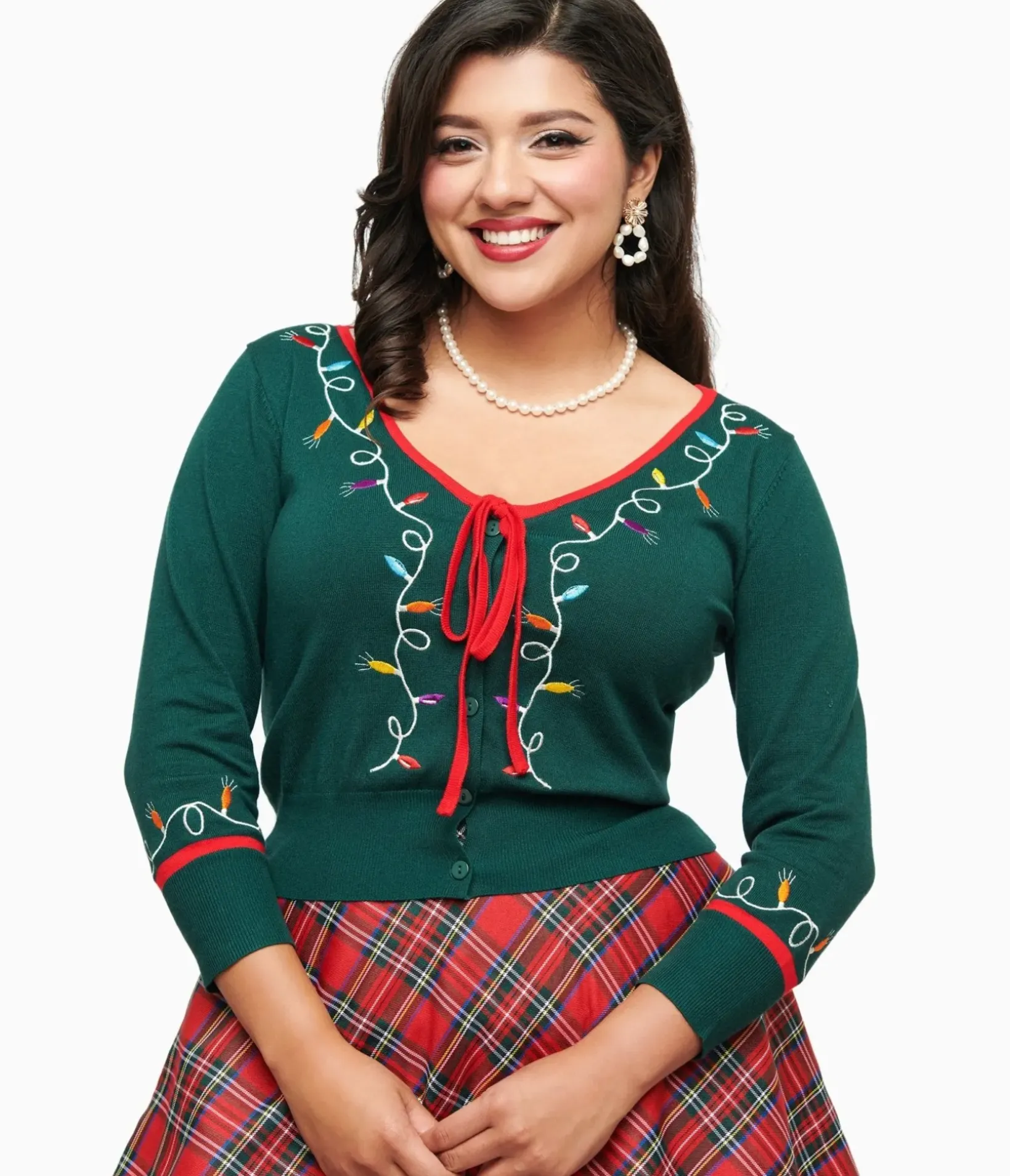 Unique Vintage Sweaters & Cardigans>1950s Green Holiday Lights Crop Cardigan