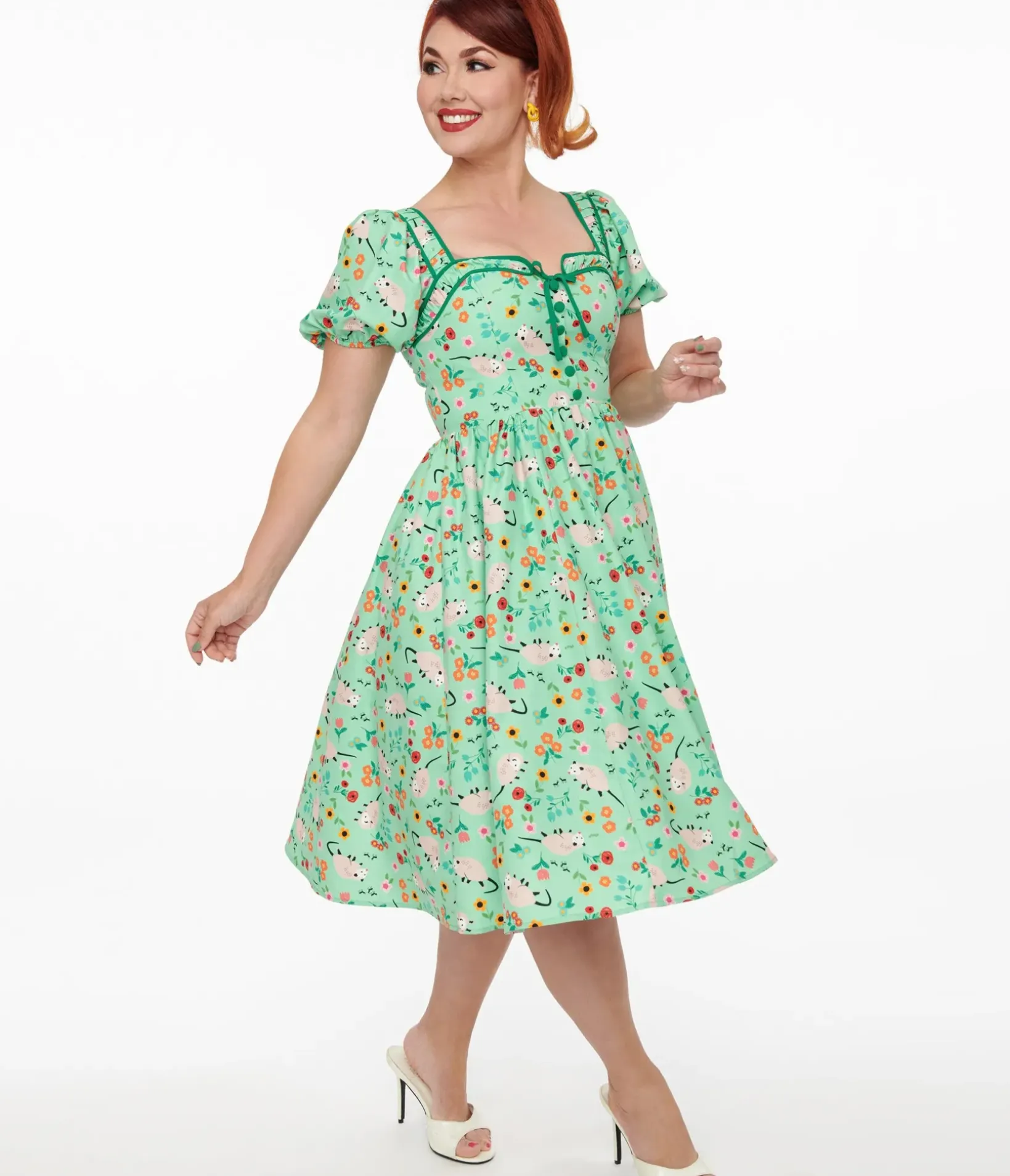 Unique Vintage Swing|Everyday Dresses>1940s Green Possum Print Button Front Dress