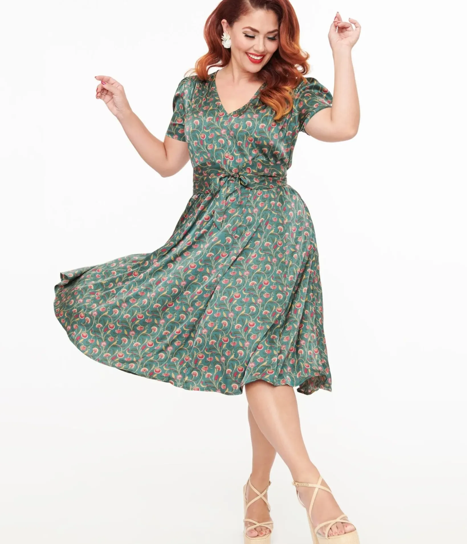Unique Vintage Swing|Pocket Dresses>1940s Green & Red Fan Print Swing Dress