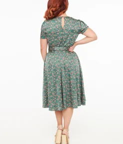 Unique Vintage Swing|Pocket Dresses>1940s Green & Red Fan Print Swing Dress
