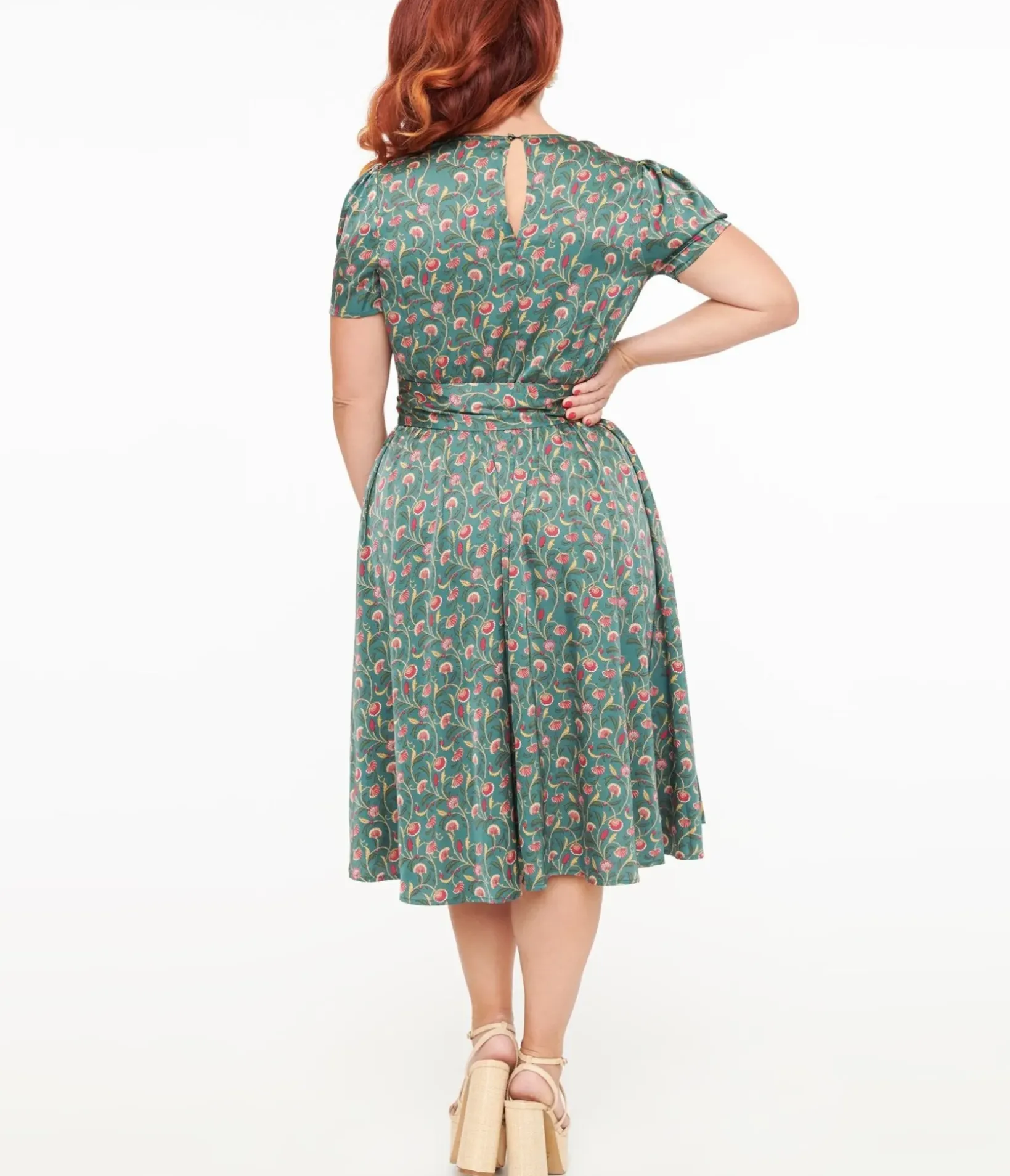Unique Vintage Swing|Pocket Dresses>1940s Green & Red Fan Print Swing Dress