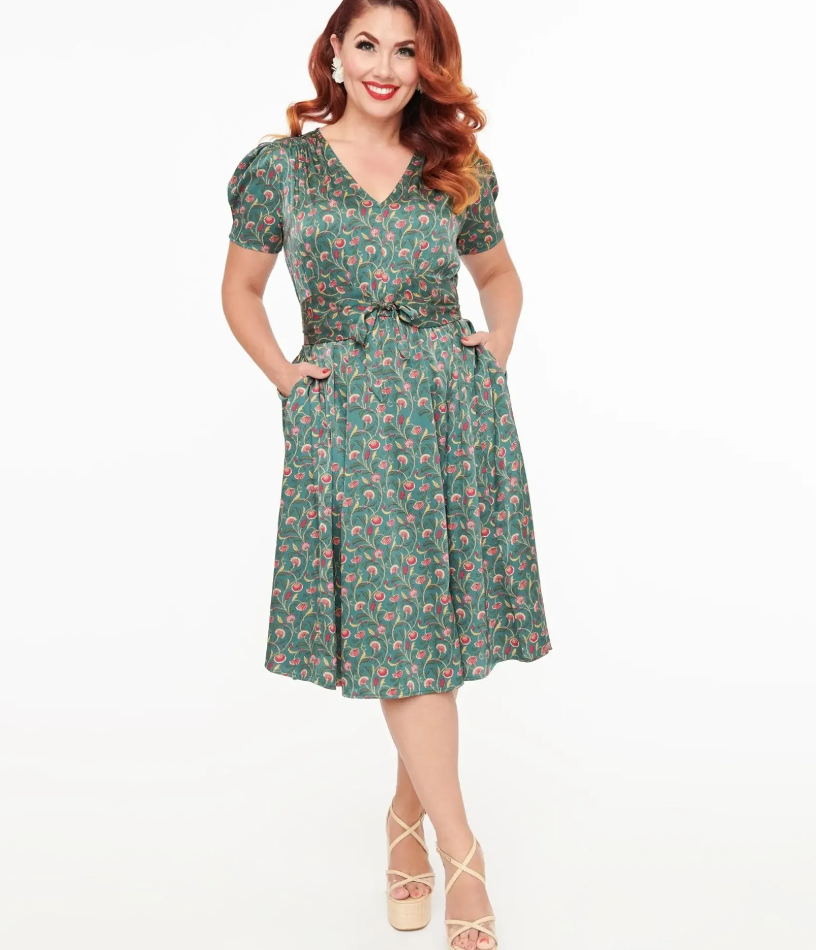 Unique Vintage Swing|Pocket Dresses>1940s Green & Red Fan Print Swing Dress