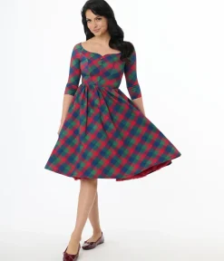 Unique Vintage Swing|Pocket Dresses>1950s Green & Red Plaid Sweetheart Swing Dress