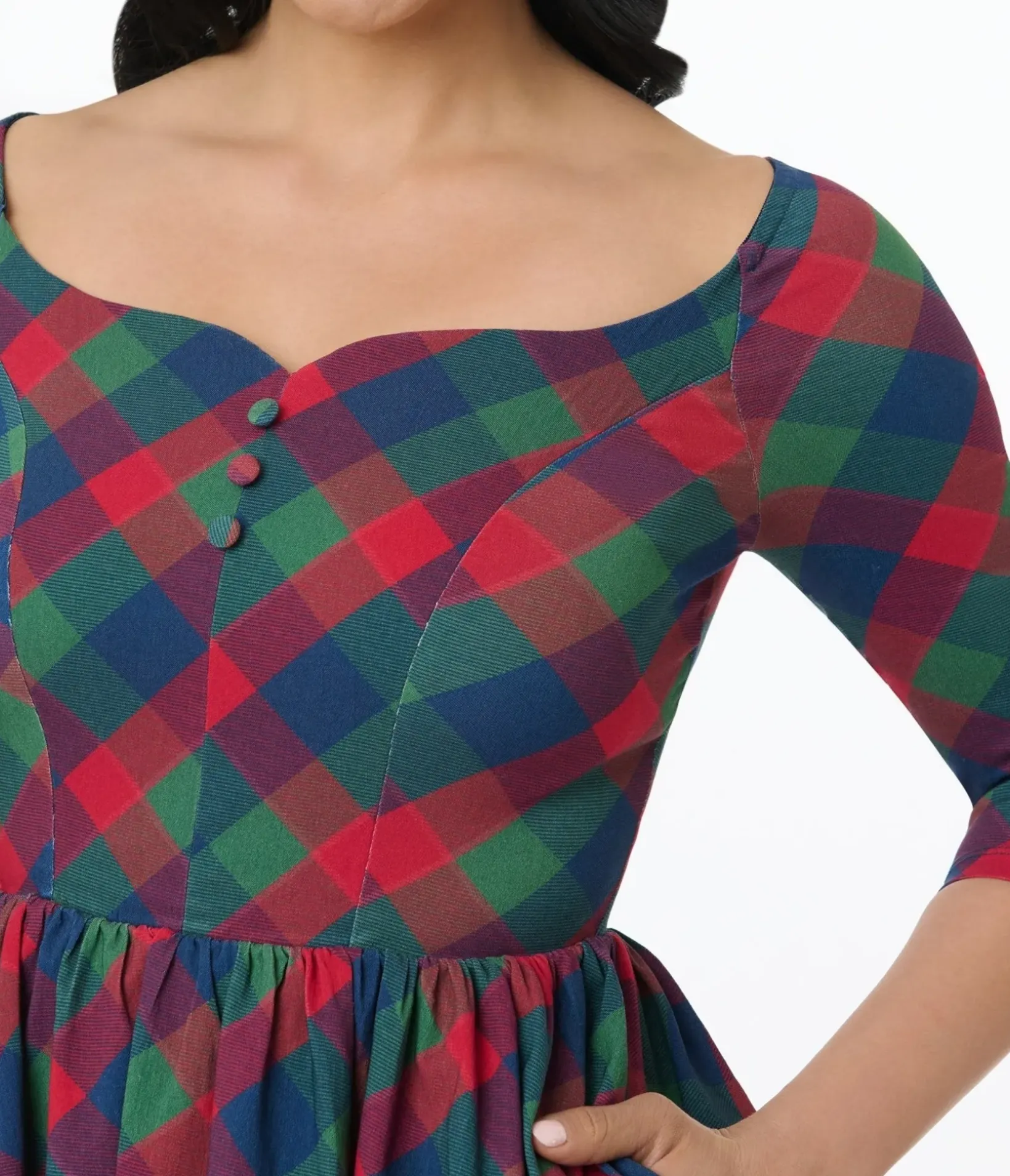 Unique Vintage Swing|Pocket Dresses>1950s Green & Red Plaid Sweetheart Swing Dress