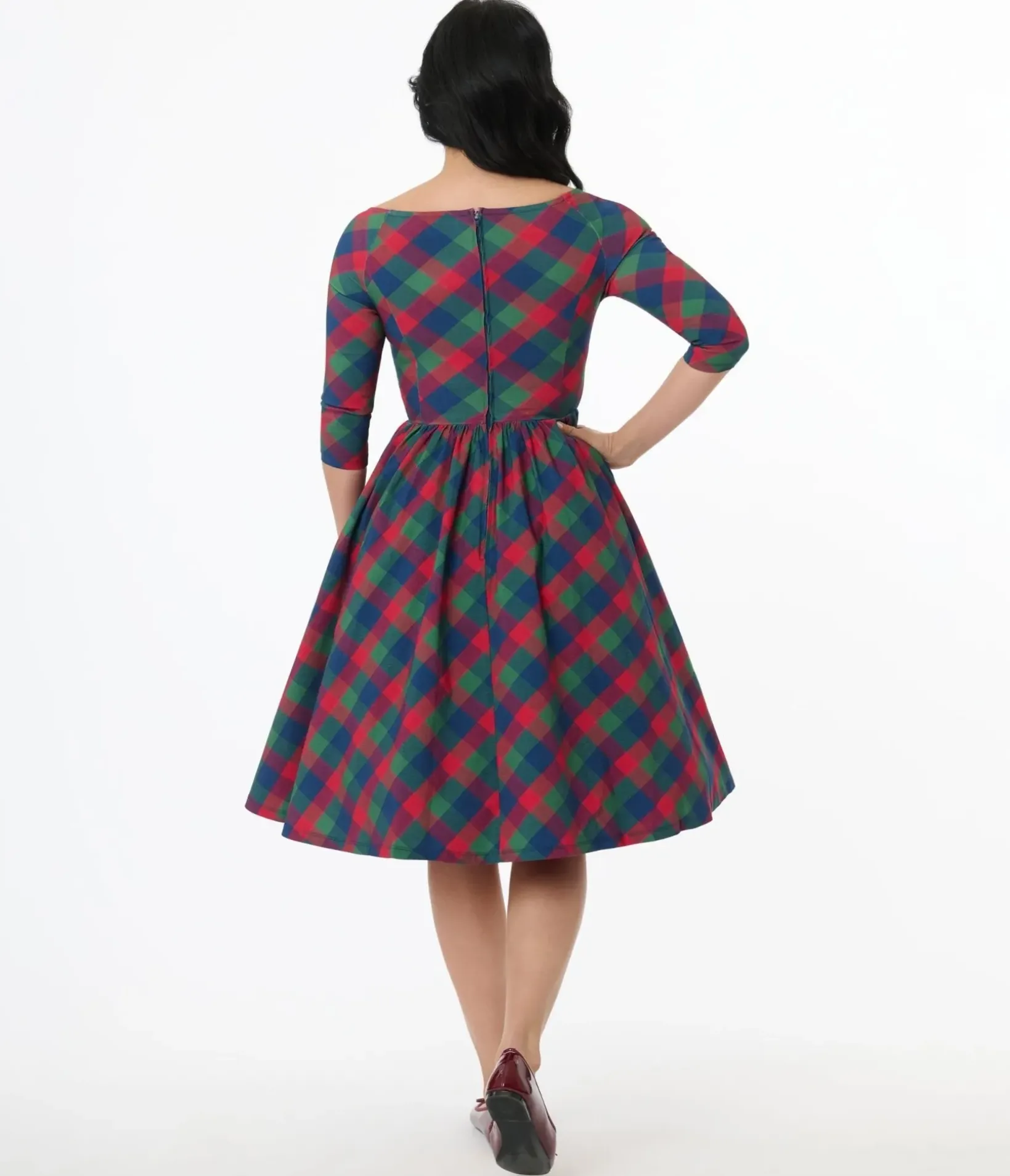 Unique Vintage Swing|Pocket Dresses>1950s Green & Red Plaid Sweetheart Swing Dress