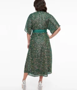 Unique Vintage Midi|Wrap Dresses>1960s Green Sequin Wrap Midi Dress