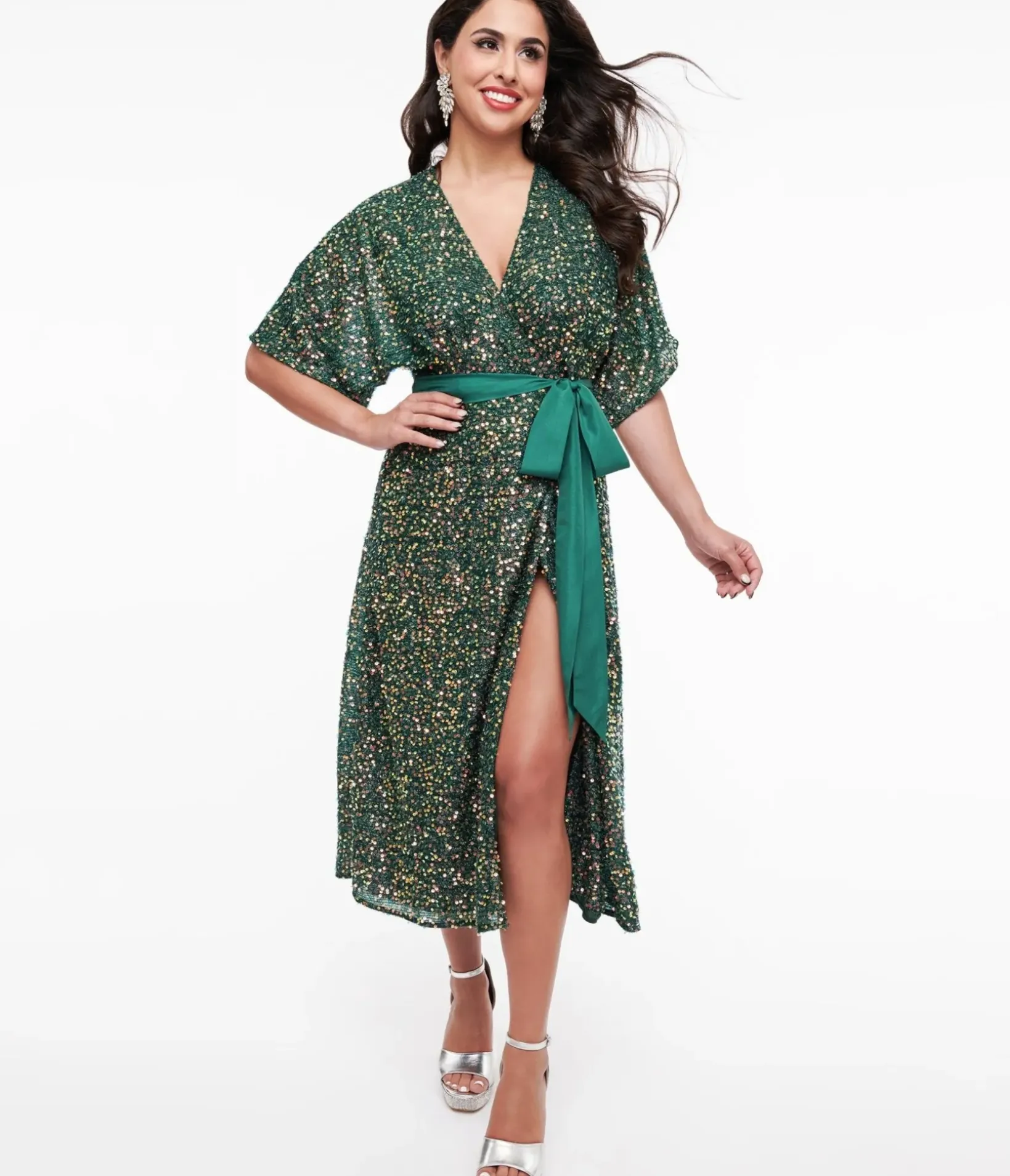 Unique Vintage Midi|Wrap Dresses>1960s Green Sequin Wrap Midi Dress