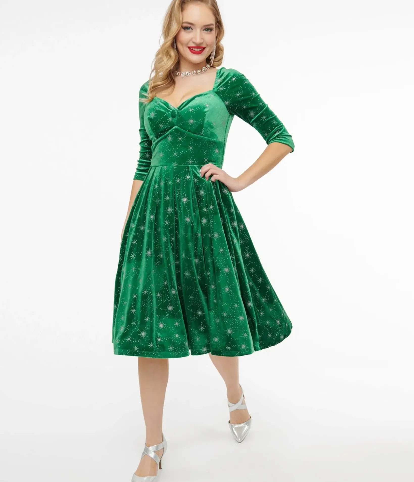 Unique Vintage Swing|Everyday Dresses>1950s Green & Silver Snowflake Velvet Lamar Swing Dress