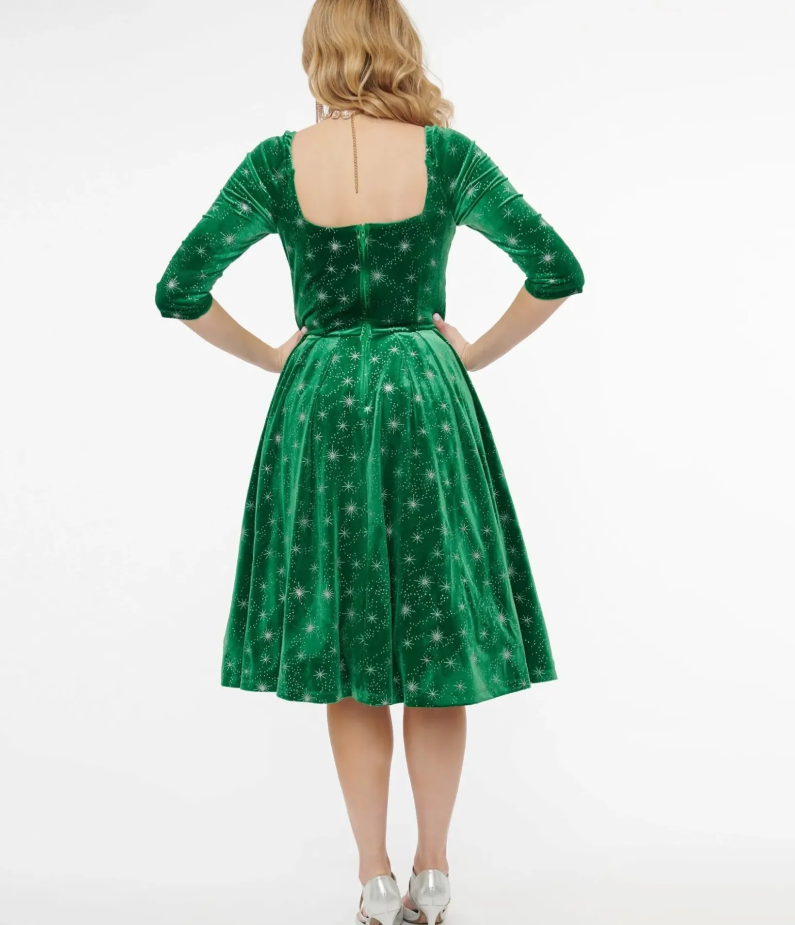 Unique Vintage Swing|Everyday Dresses>1950s Green & Silver Snowflake Velvet Lamar Swing Dress