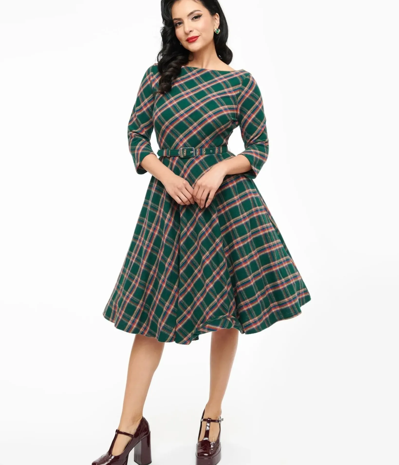 Unique Vintage Swing|Pocket Dresses>1950s Green & Tan Plaid Devon Swing Dress
