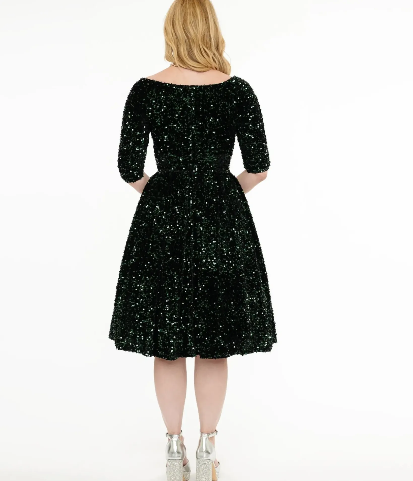 Unique Vintage Swing|Pocket Dresses>1950s Green Velvet Sequin Marceline Swing Dress