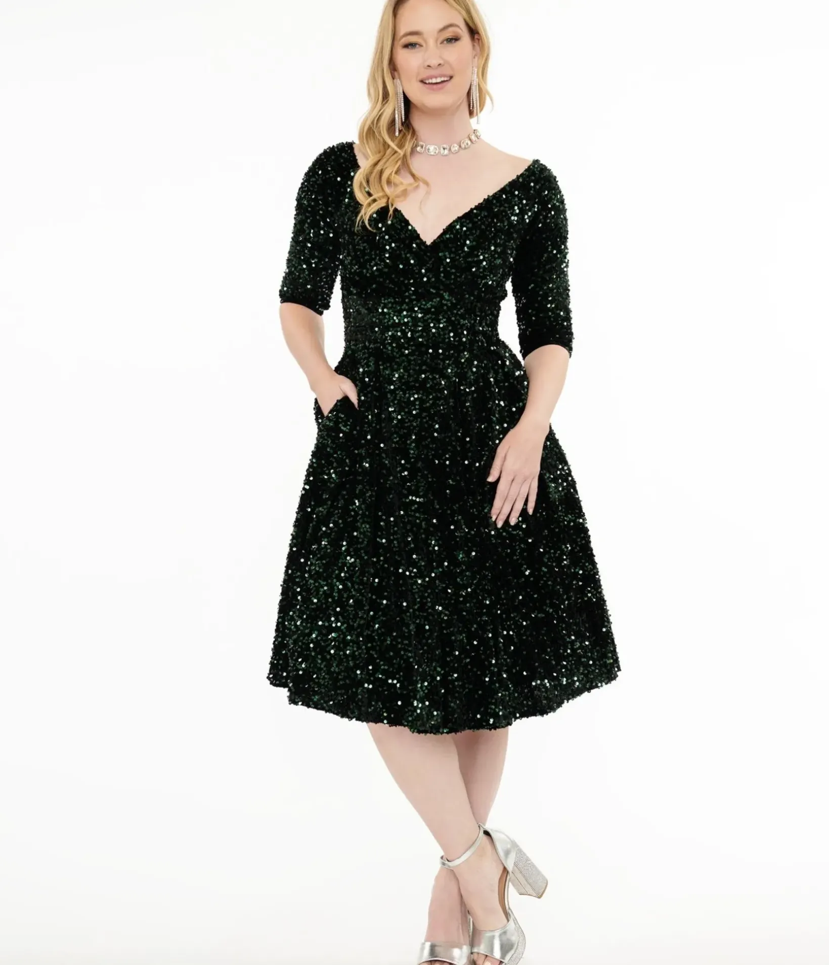 Unique Vintage Swing|Pocket Dresses>1950s Green Velvet Sequin Marceline Swing Dress