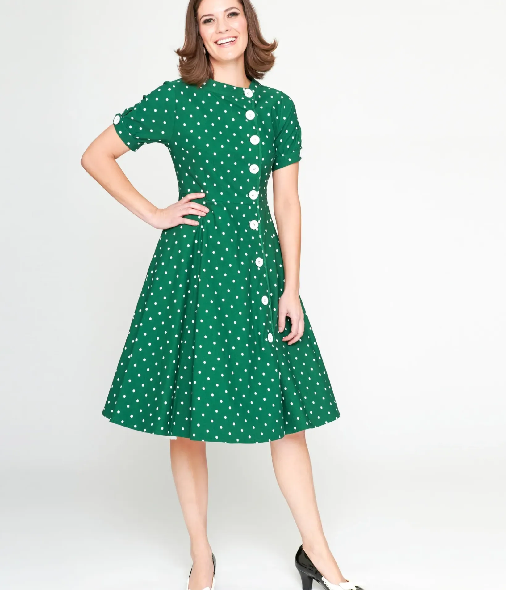 Unique Vintage Swing|Pocket Dresses>1950s Green & White Pin Dot Contrast Button Swing Dress
