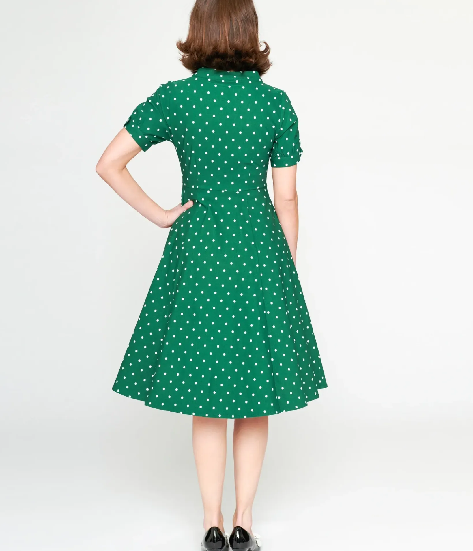 Unique Vintage Swing|Pocket Dresses>1950s Green & White Pin Dot Contrast Button Swing Dress
