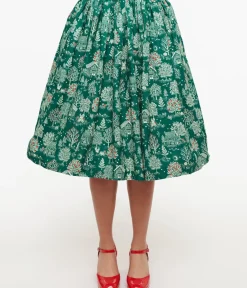 Unique Vintage Skirts>1950s Green Winter Print Gellar Swing Skirt