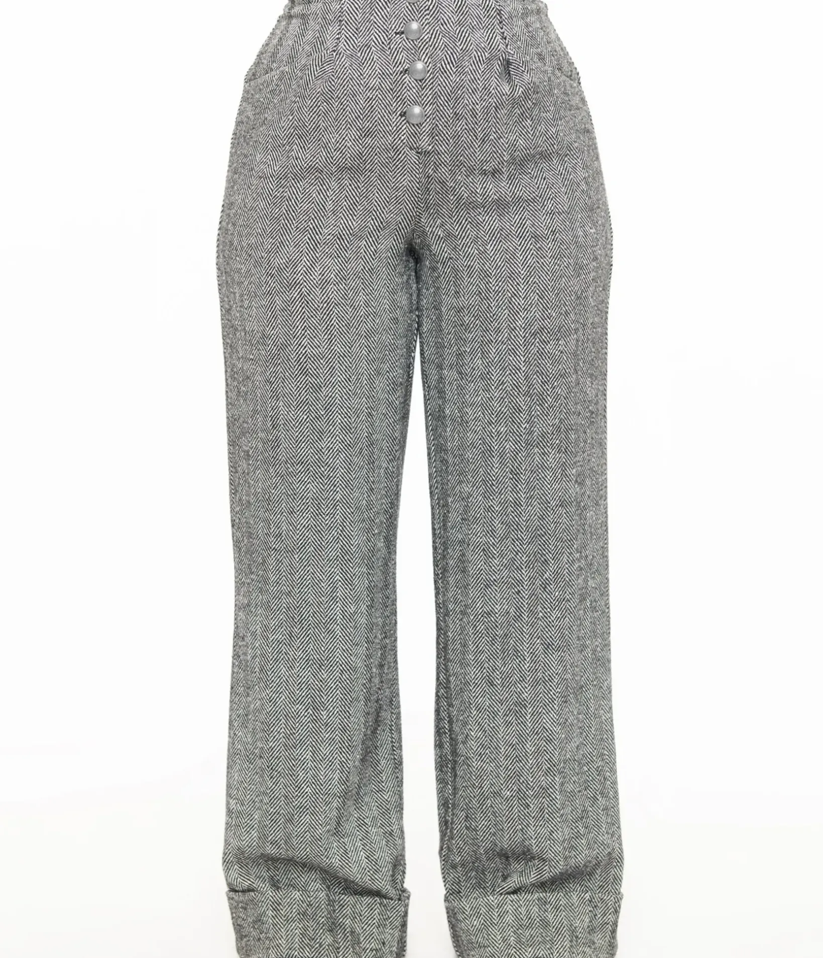 Unique Vintage Pants|Work Wear>1940s Grey Herringbone Buttoned Wide Leg Trousers