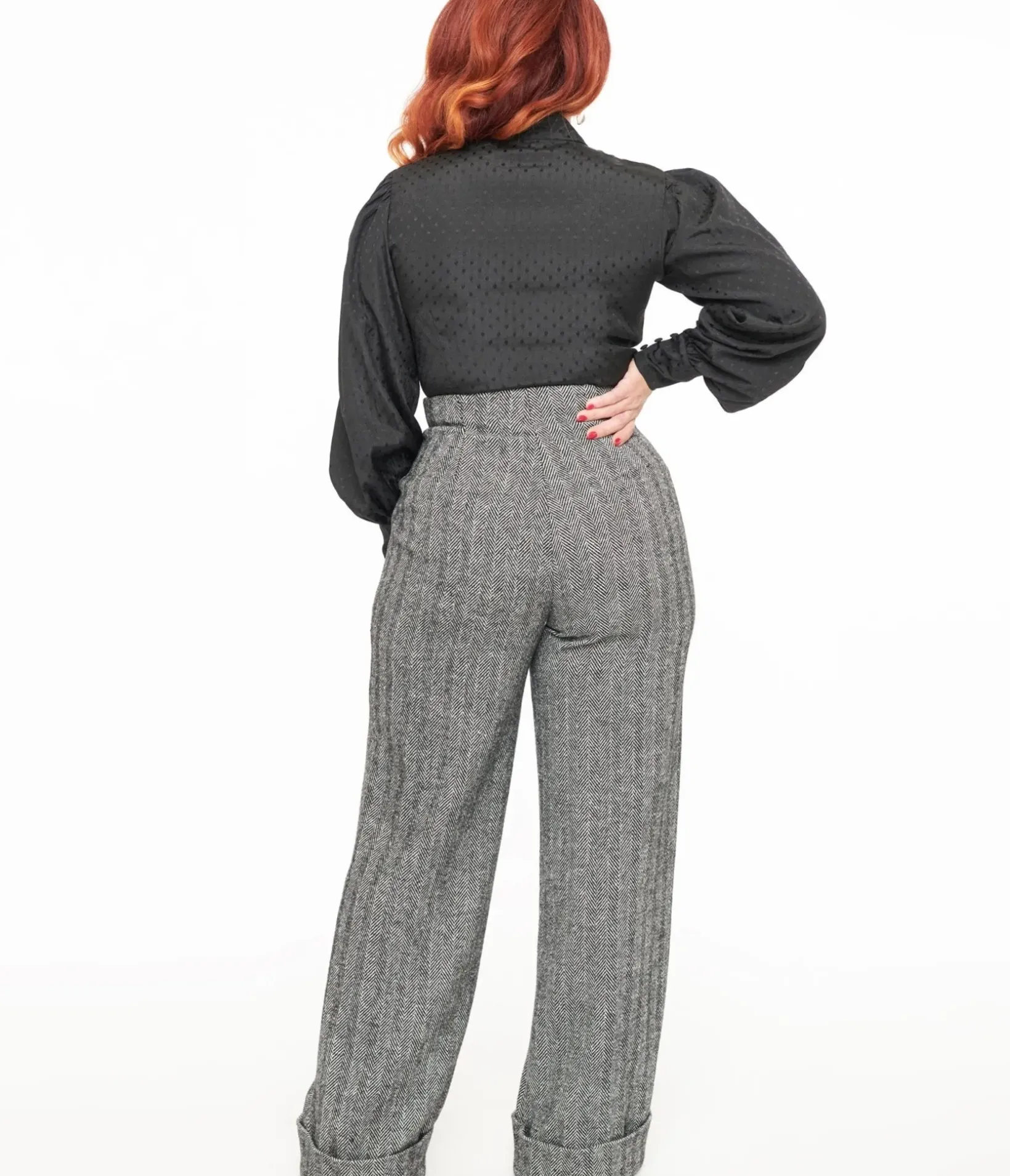Unique Vintage Pants|Work Wear>1940s Grey Herringbone Buttoned Wide Leg Trousers