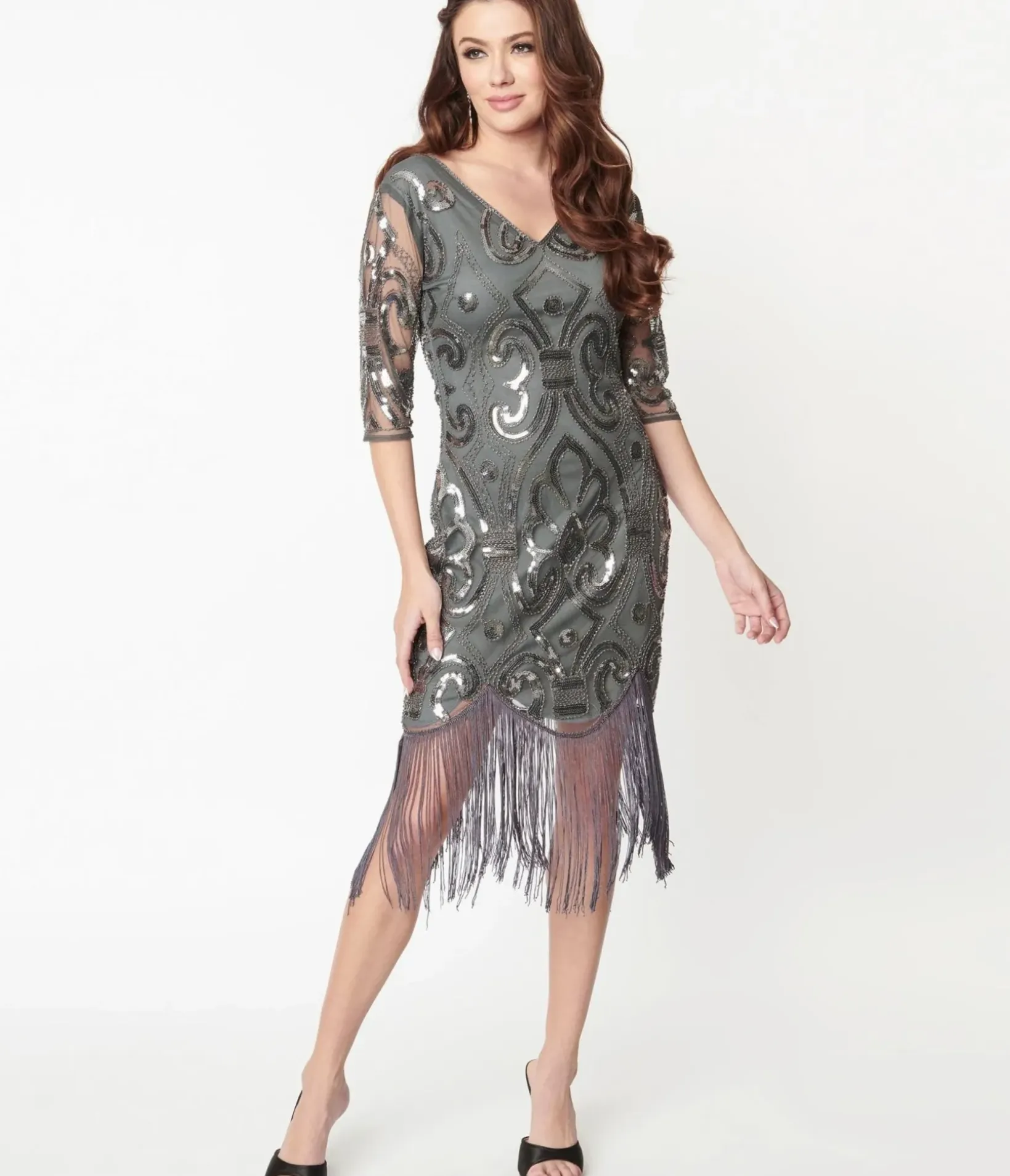 Unique Vintage Everyday Dresses>1920s Grey & Silver Beaded Lynette Flapper Dress
