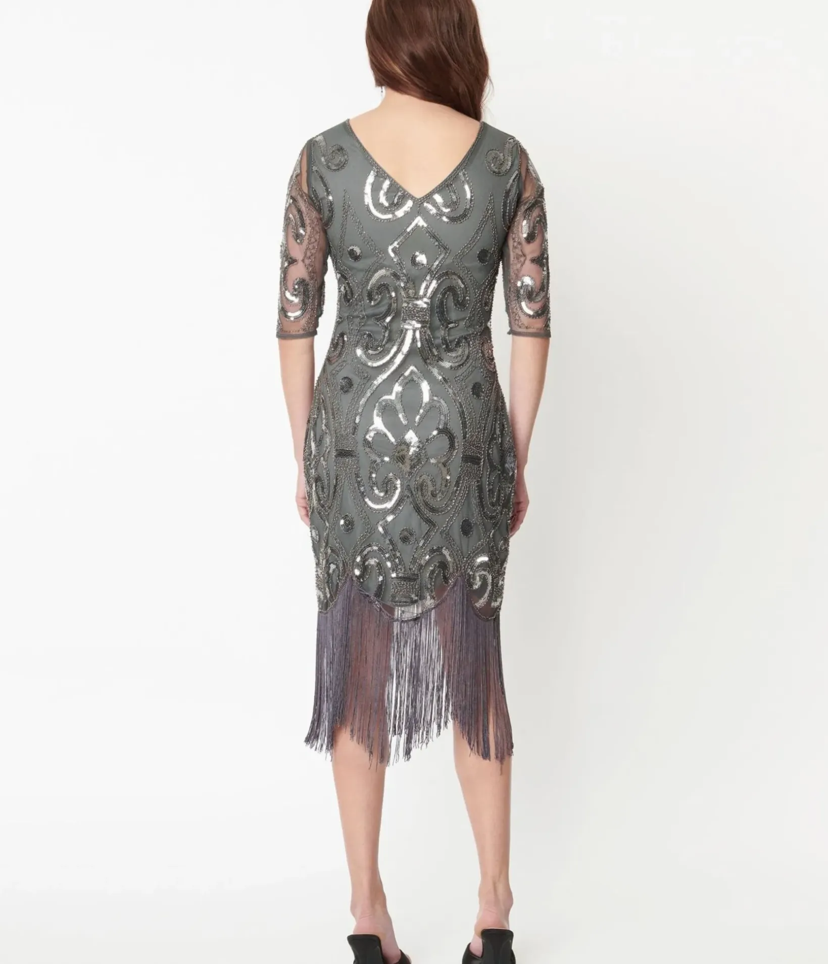 Unique Vintage Everyday Dresses>1920s Grey & Silver Beaded Lynette Flapper Dress