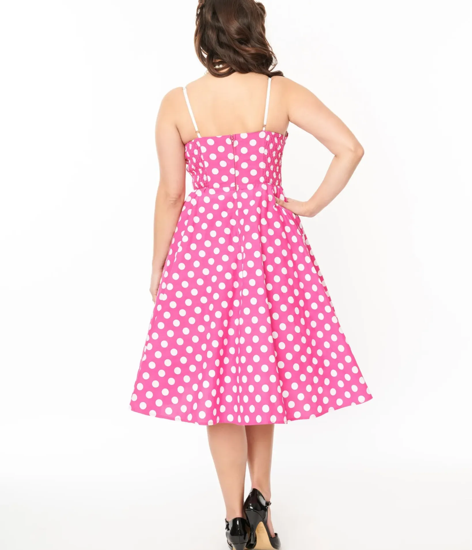 Unique Vintage Swing|Everyday Dresses>1950s Hot Pink & White Polka Dot Cotton Swing Dress