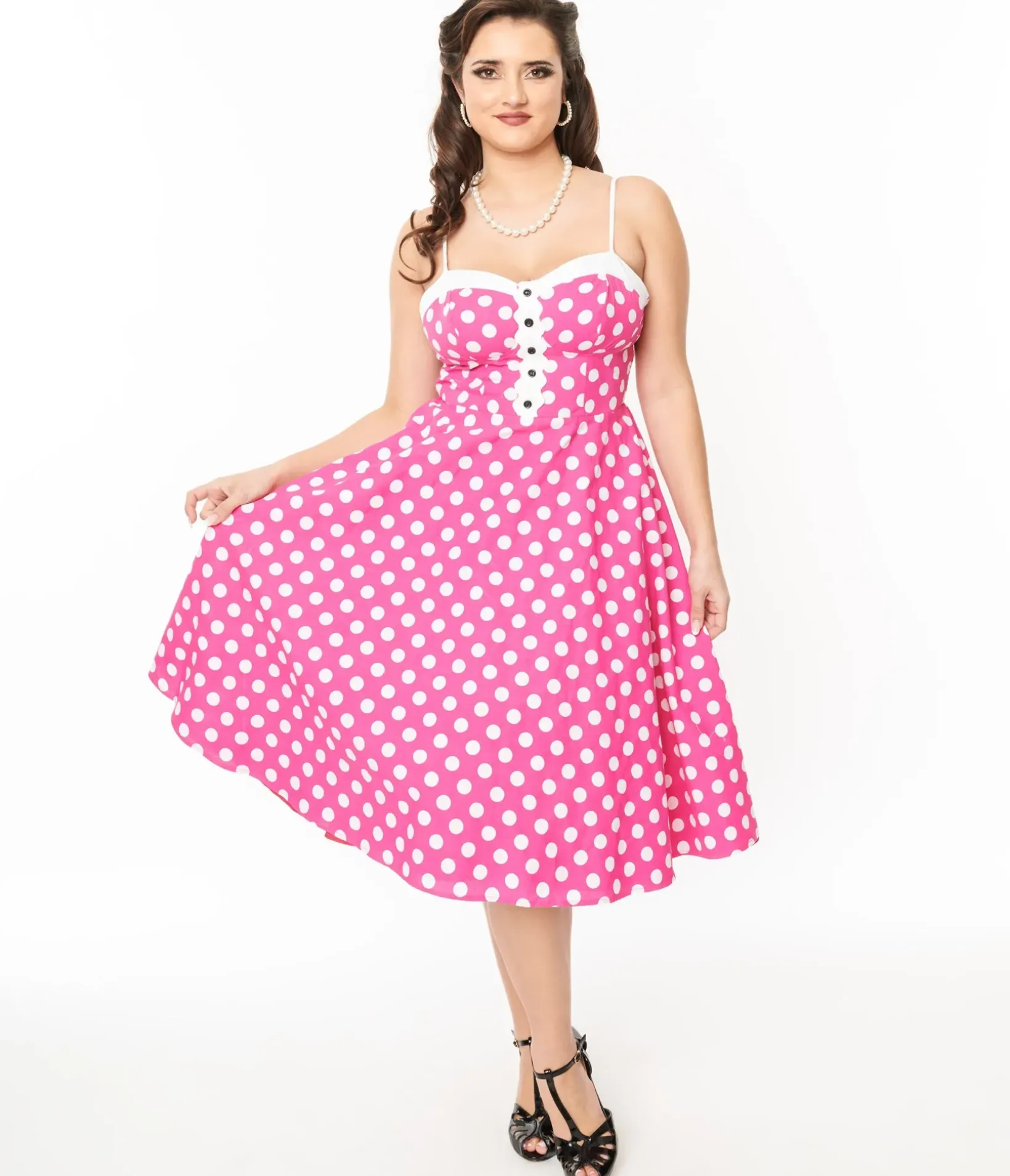 Unique Vintage Swing|Everyday Dresses>1950s Hot Pink & White Polka Dot Cotton Swing Dress