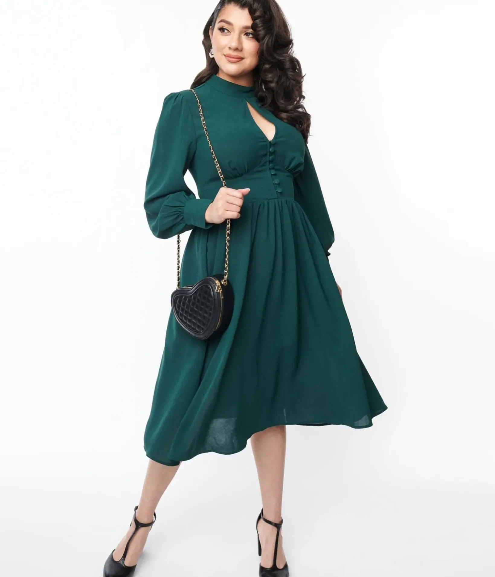 Unique Vintage Swing|Everyday Dresses>1970s Hunter Green Keyhole Swing Dress