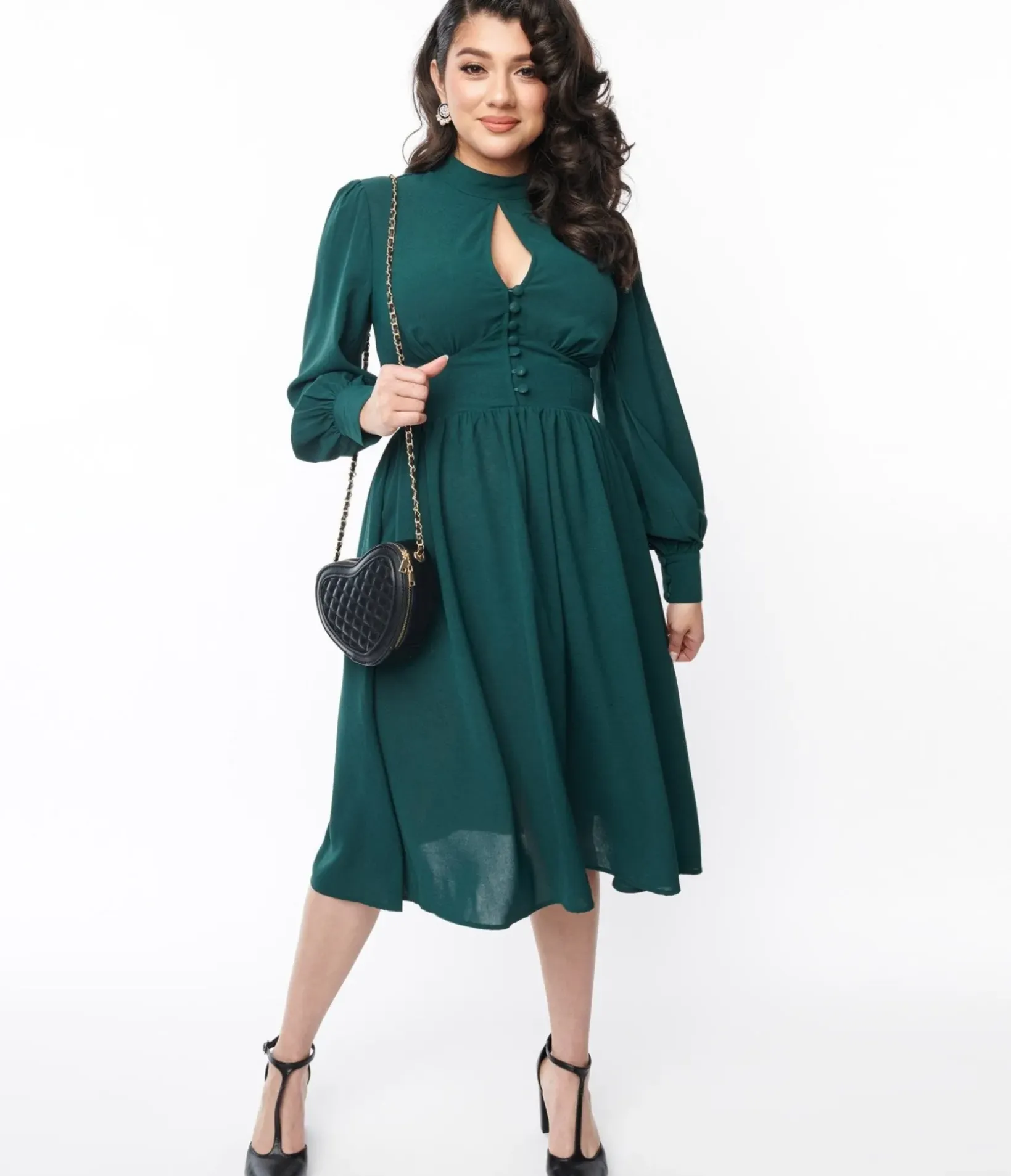 Unique Vintage Swing|Everyday Dresses>1970s Hunter Green Keyhole Swing Dress