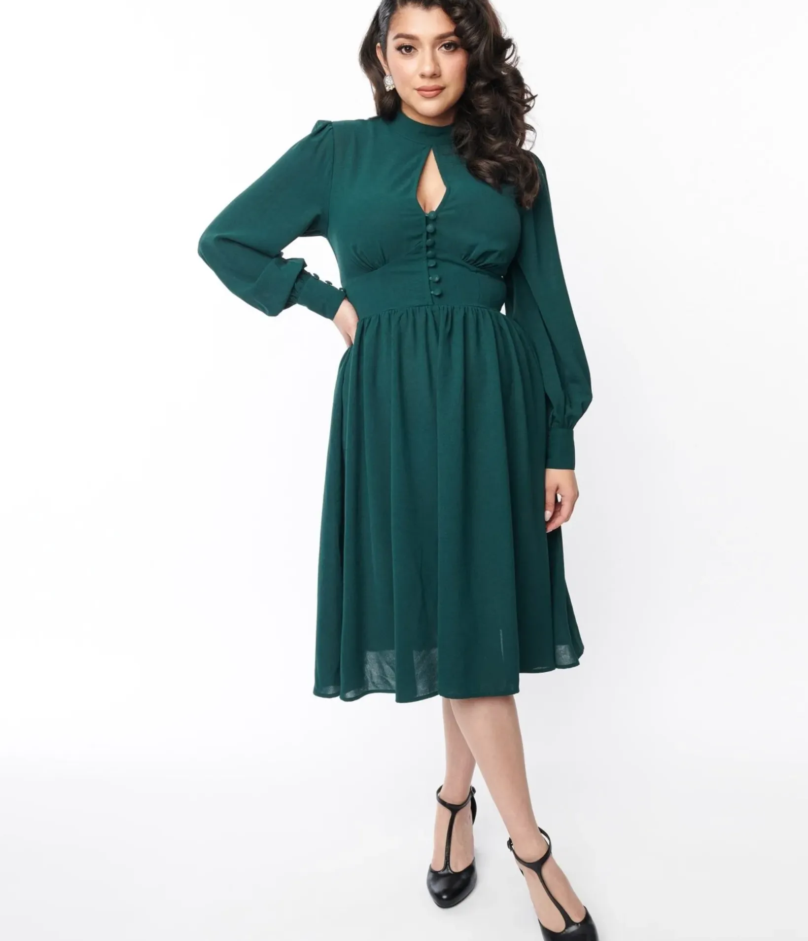 Unique Vintage Swing|Everyday Dresses>1970s Hunter Green Keyhole Swing Dress