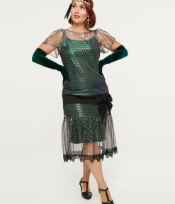 Unique Vintage Special Occasion|Flapper Dresses>1920s Iridescent Peacock & Black Bow Flapper Dress