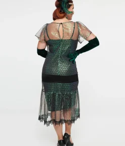 Unique Vintage Special Occasion|Flapper Dresses>1920s Iridescent Peacock & Black Bow Flapper Dress