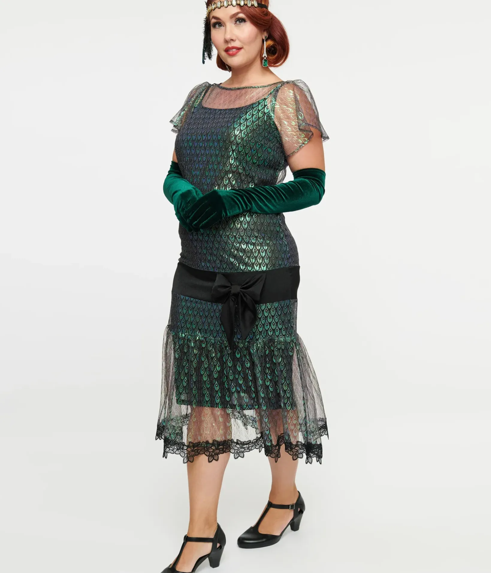 Unique Vintage Special Occasion|Flapper Dresses>1920s Iridescent Peacock & Black Bow Flapper Dress