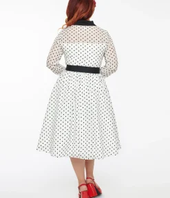 Unique Vintage Swing|Everyday Dresses>1950s Ivory & Black Polka Dot Tulle Swing Dress