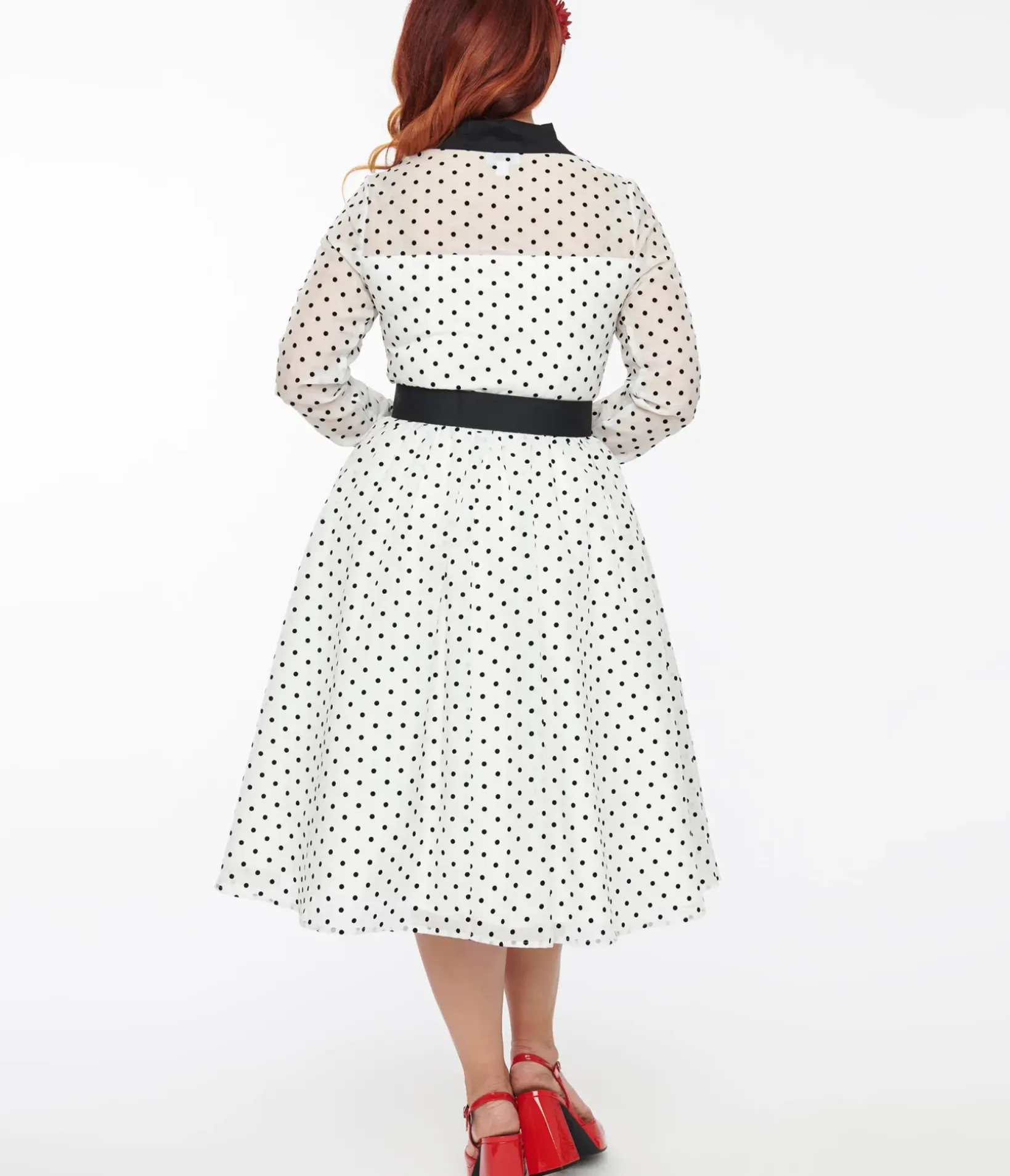 Unique Vintage Swing|Everyday Dresses>1950s Ivory & Black Polka Dot Tulle Swing Dress