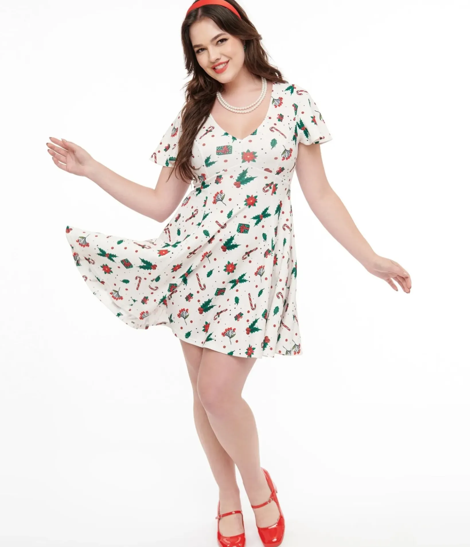 Unique Vintage Fit & Flare|Pocket Dresses>1950s Ivory Christmas Print Poppy Flare Dress