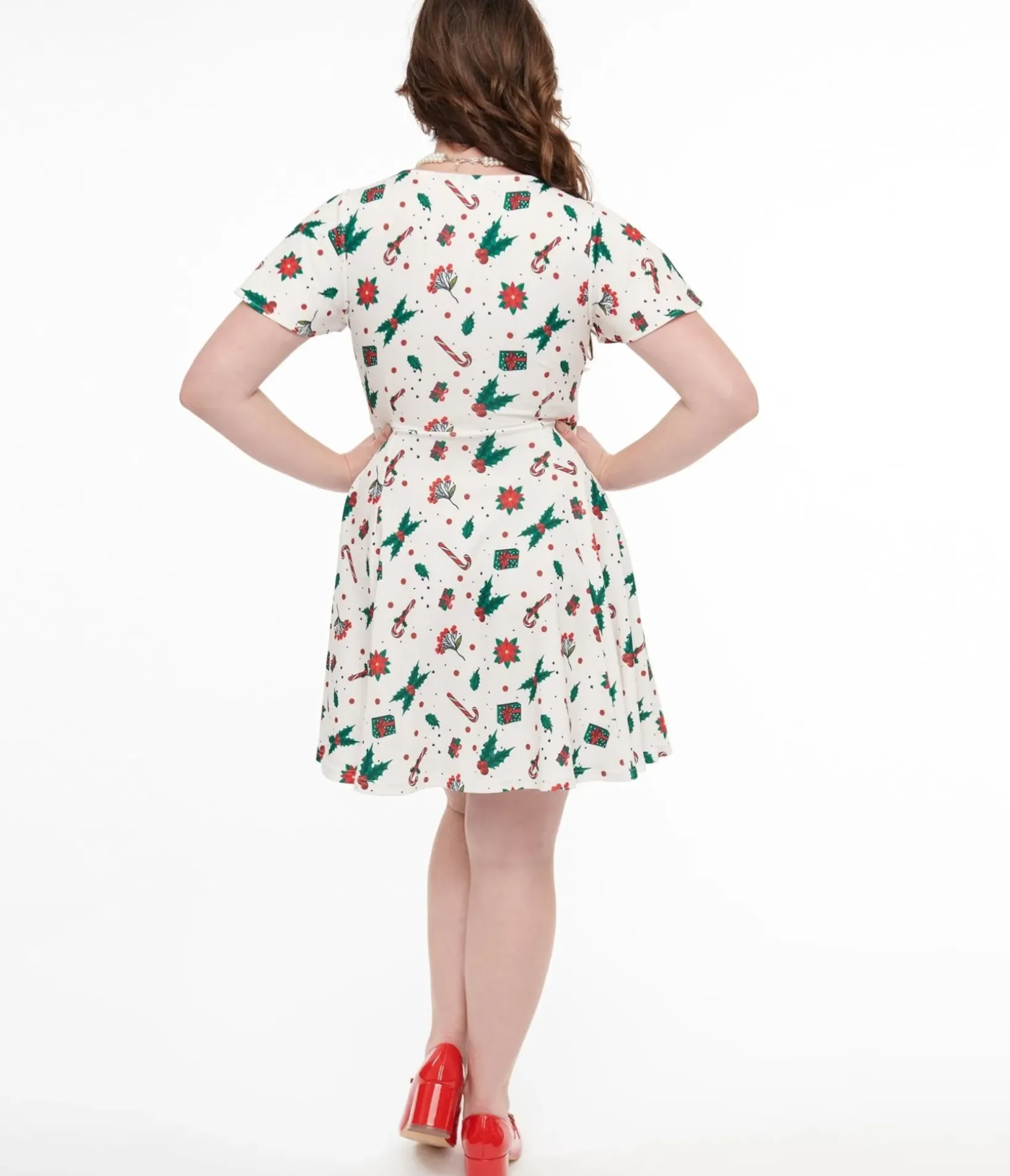 Unique Vintage Fit & Flare|Pocket Dresses>1950s Ivory Christmas Print Poppy Flare Dress
