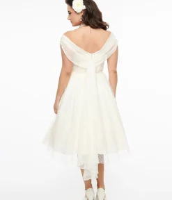 Unique Vintage Everyday Dresses|Special Occasion>1950s Ivory Clip Dot Off The Shoulder Cocktail Dress