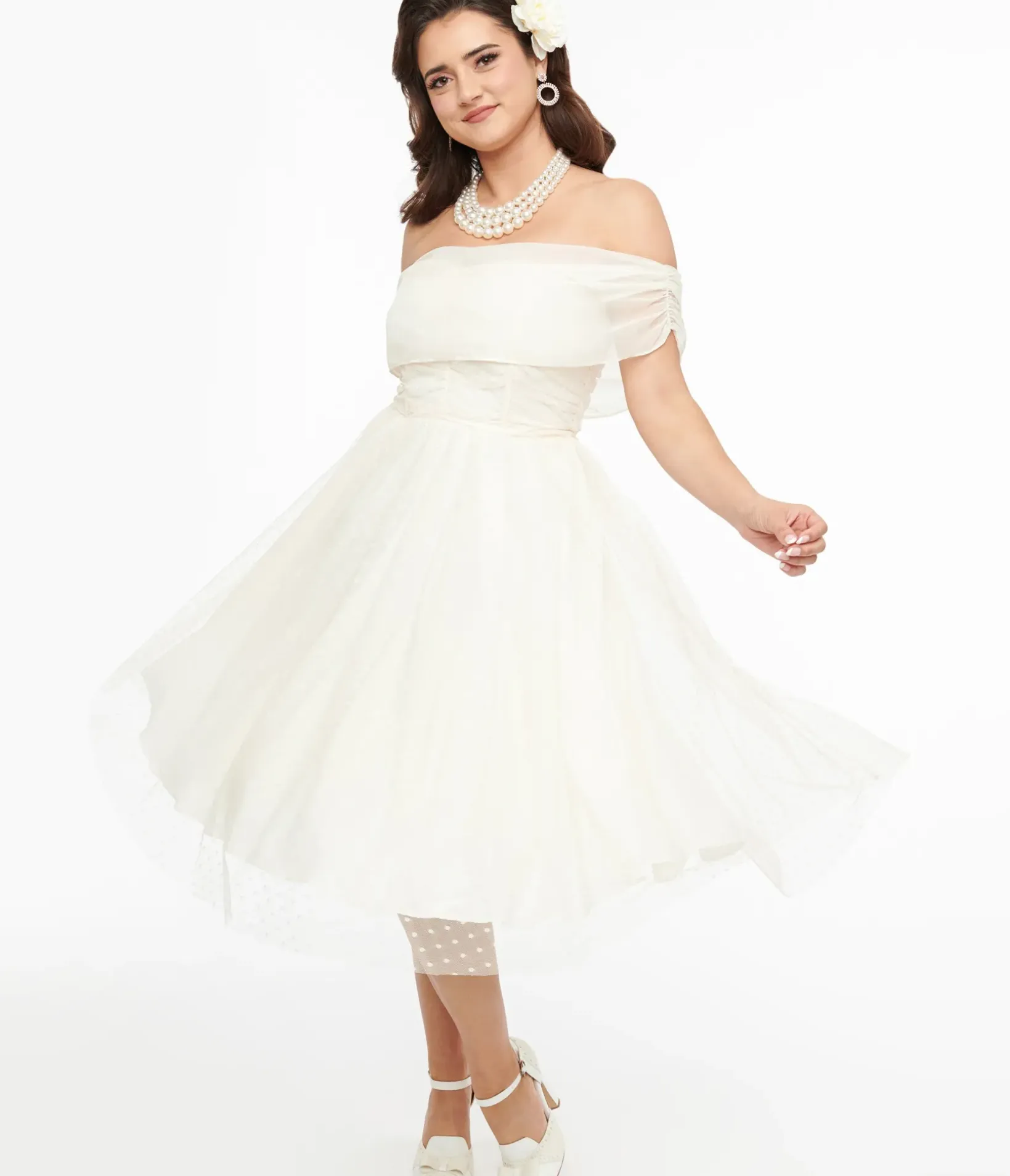 Unique Vintage Everyday Dresses|Special Occasion>1950s Ivory Clip Dot Off The Shoulder Cocktail Dress